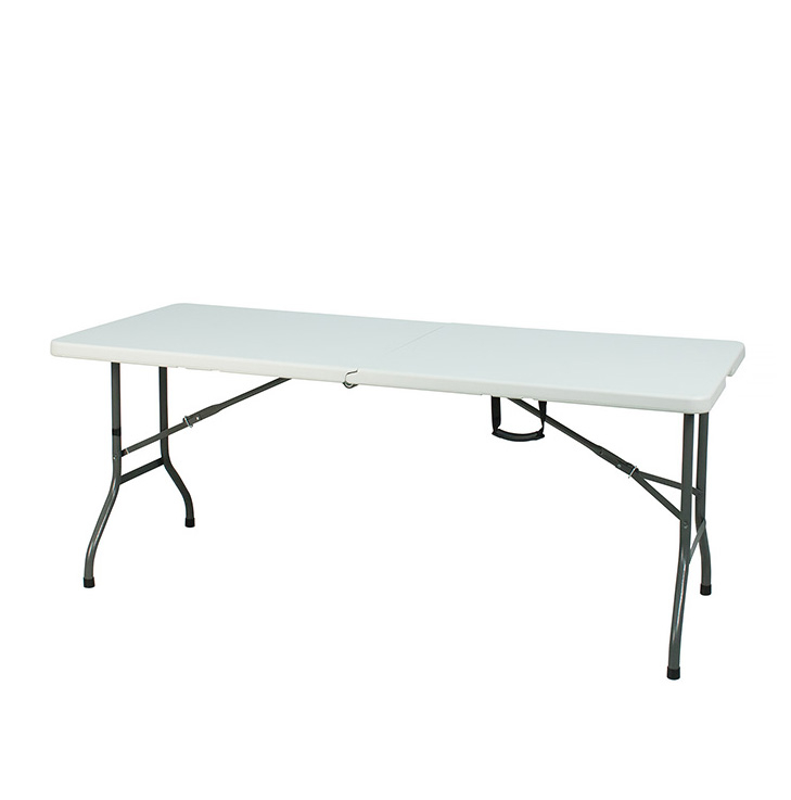 Large 6ft Trestle folding tables with carry handle. Lightweight, portable white plastic Folding Tables for exhibitions. In Stock UK.