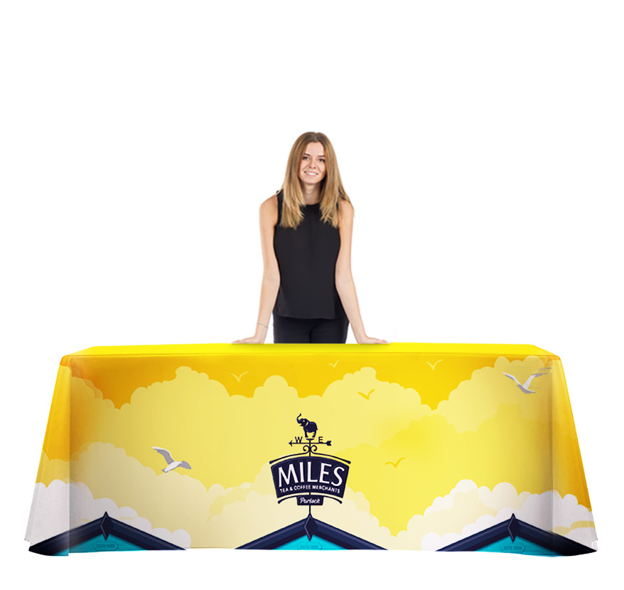 Branded Tablecloths with full colour print suitable for a standard 5ft exhibition trestle table. Quality printed table cloths for your trade show or event. 