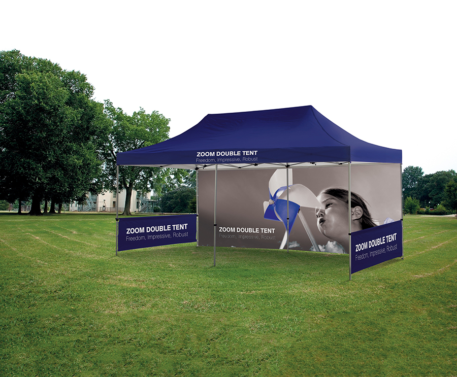Double Gazebo With Two Half Walls In Use