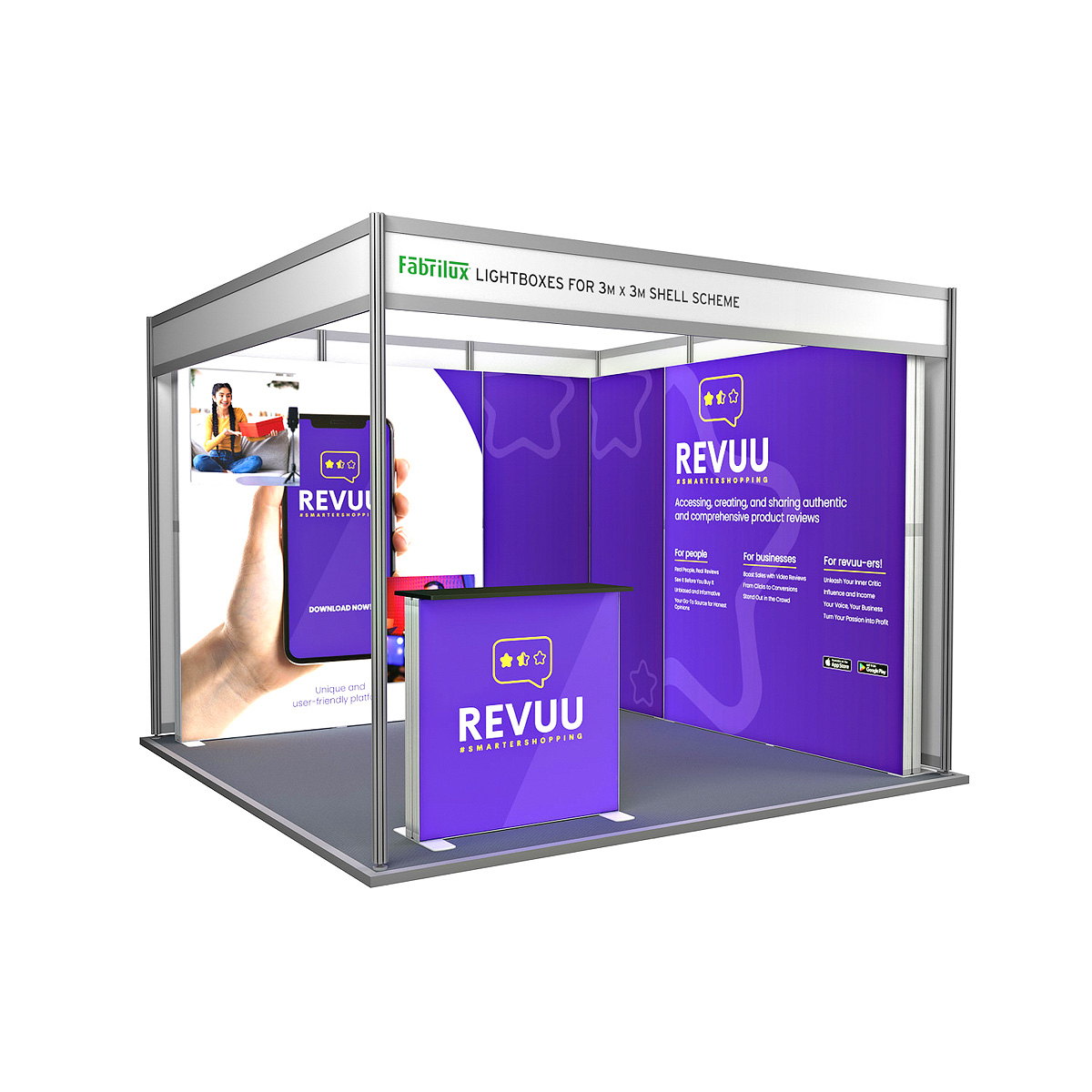 3m x 3m FABRILUX<sup>®</sup> LED Lightboxes Modular Exhibition Stand Shell Scheme
