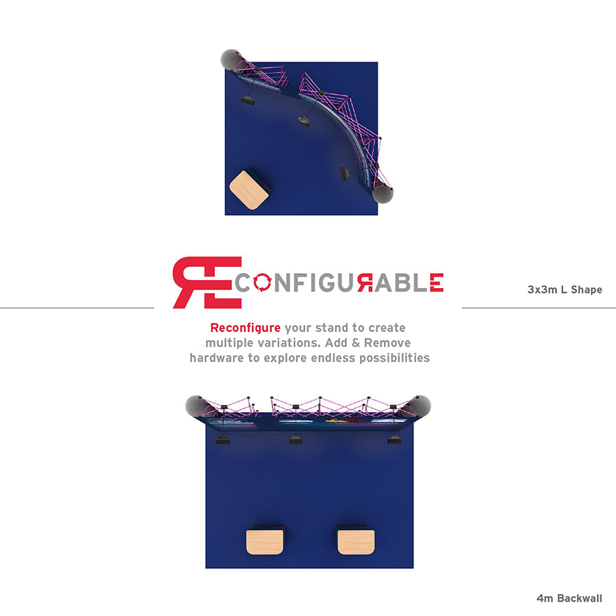 Reconfigure Linked Pop Up Stands To Create Different Looks Using The Same Hardware - Simply Reconfigure For a Different Size or Shape Exhibition Stand