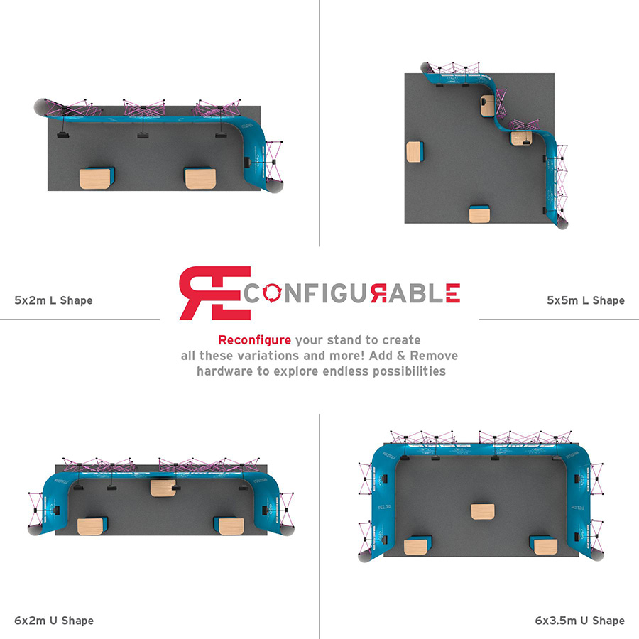 Linked Pop Up Stands Can Be Reconfigured To Create Multiple Looks To Suit Different Stand Sizes and Shapes