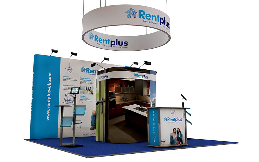 Linked Pop Up Exhibition Stand 5m x 5m With Hanging Fabric Display
