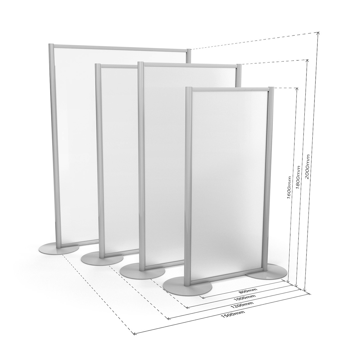 Dimensions of ACHOO® Frosted Perspex® Glass Freestanding Protective Screen With Round Feet