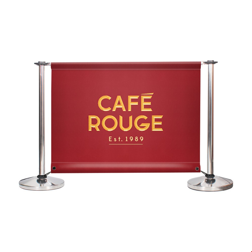 Adfresco® Café Barrier Kit With 1 Banner With Polished Stainless Steel Posts And Bottom Bungee Connector