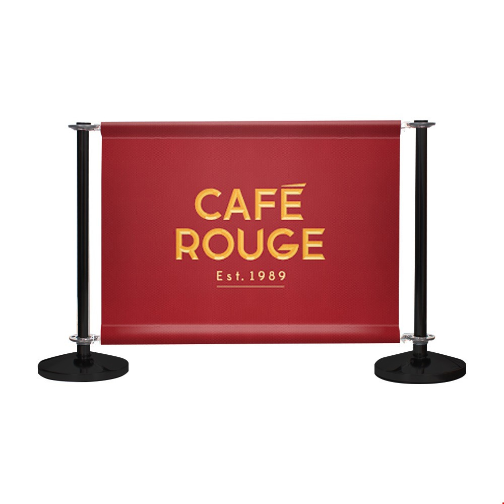 Adfresco® Café Barrier Kit With 1 Banner With Satin Black Posts And Cross Rails Top And Bottom