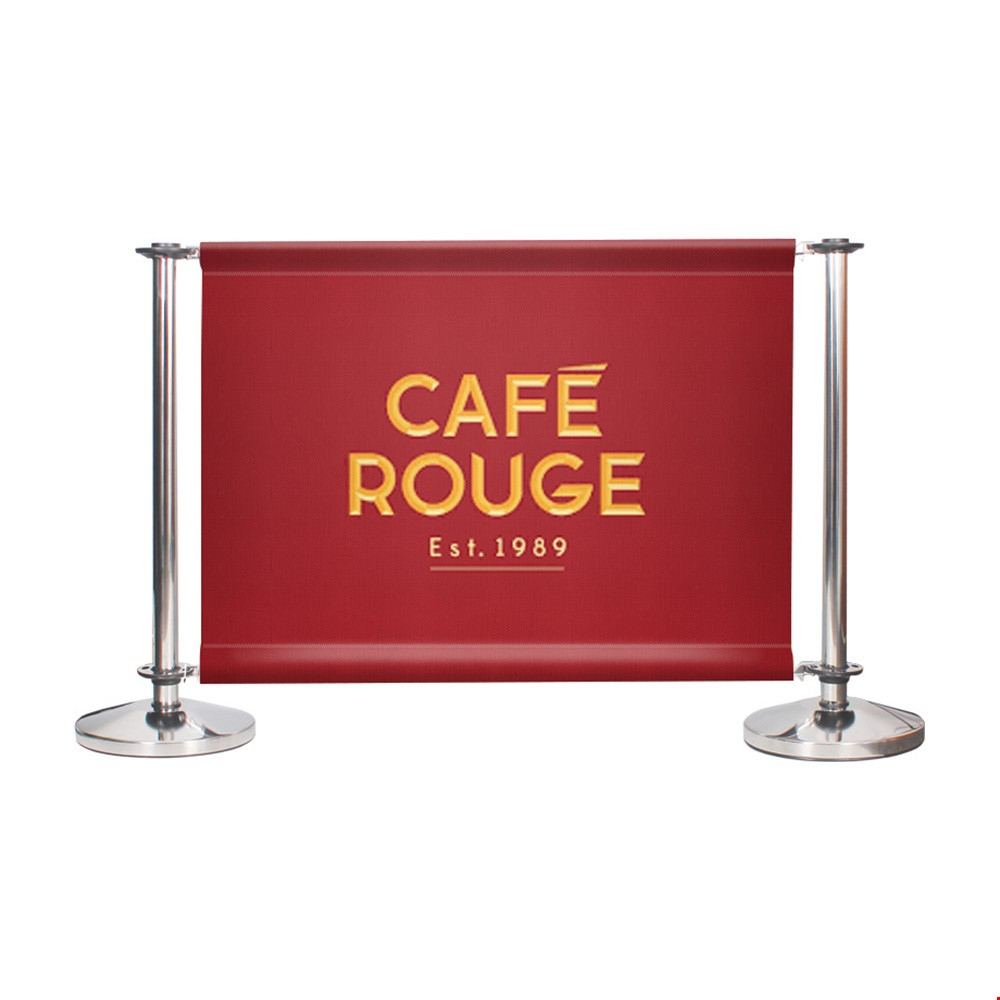 Adfresco® Café Barrier Kit With 1 Banner With Polished Stainless Steel Posts And Cross Rails Top And Bottom