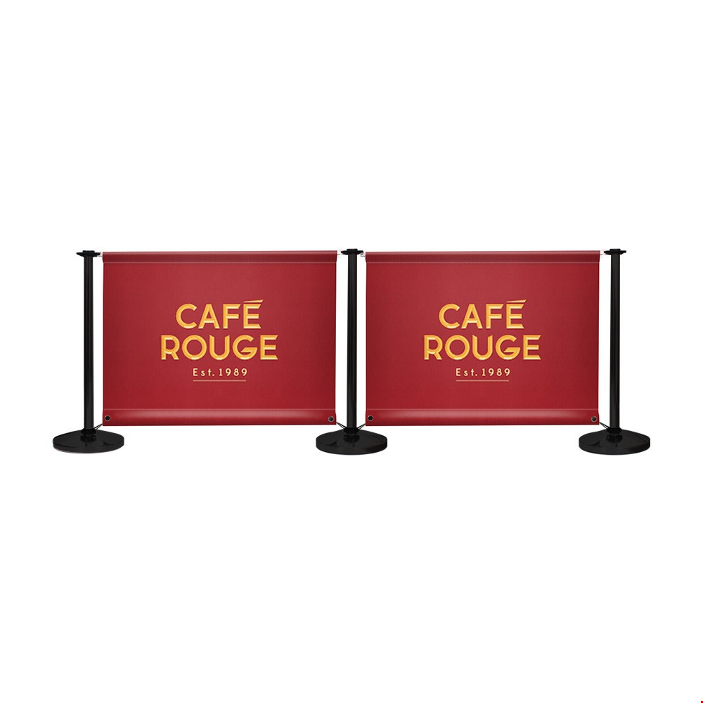 Adfresco® Café Barrier Kit With 2 Banners With Satin Black Steel Posts And Bottom Bungee Ties