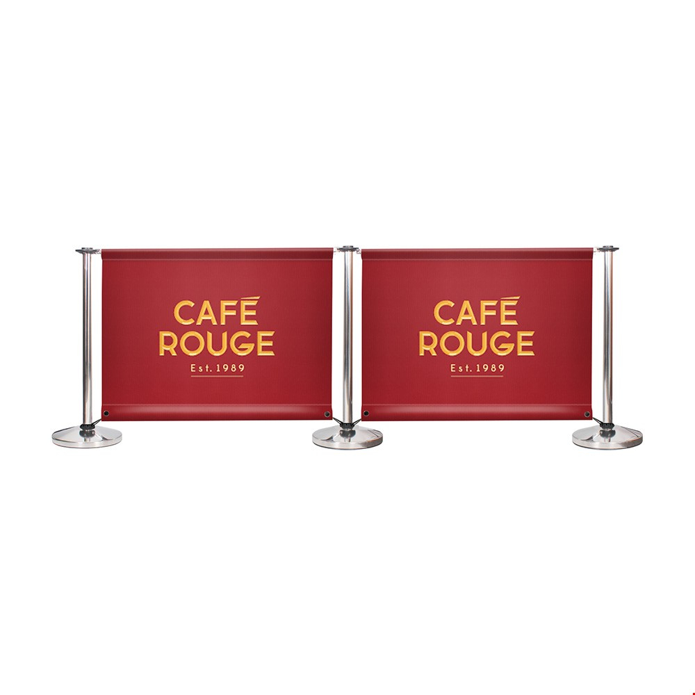 Adfresco® Café Barrier Kit With 2 Banners With Polished Stainless Steel Posts And Bottom Bungee Ties