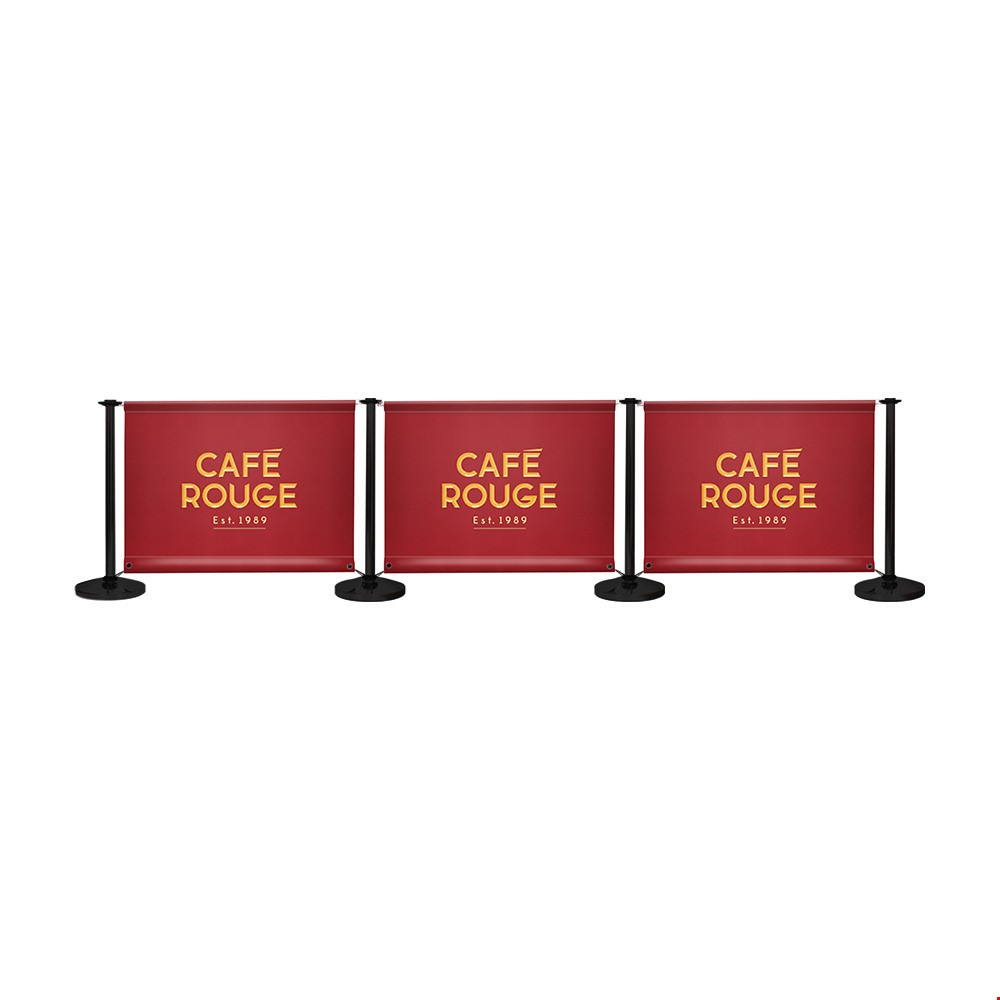 Adfresco® Café Barrier Kit With 3 Banners With Satin Black Steel Posts And Bottom Bungee Ties