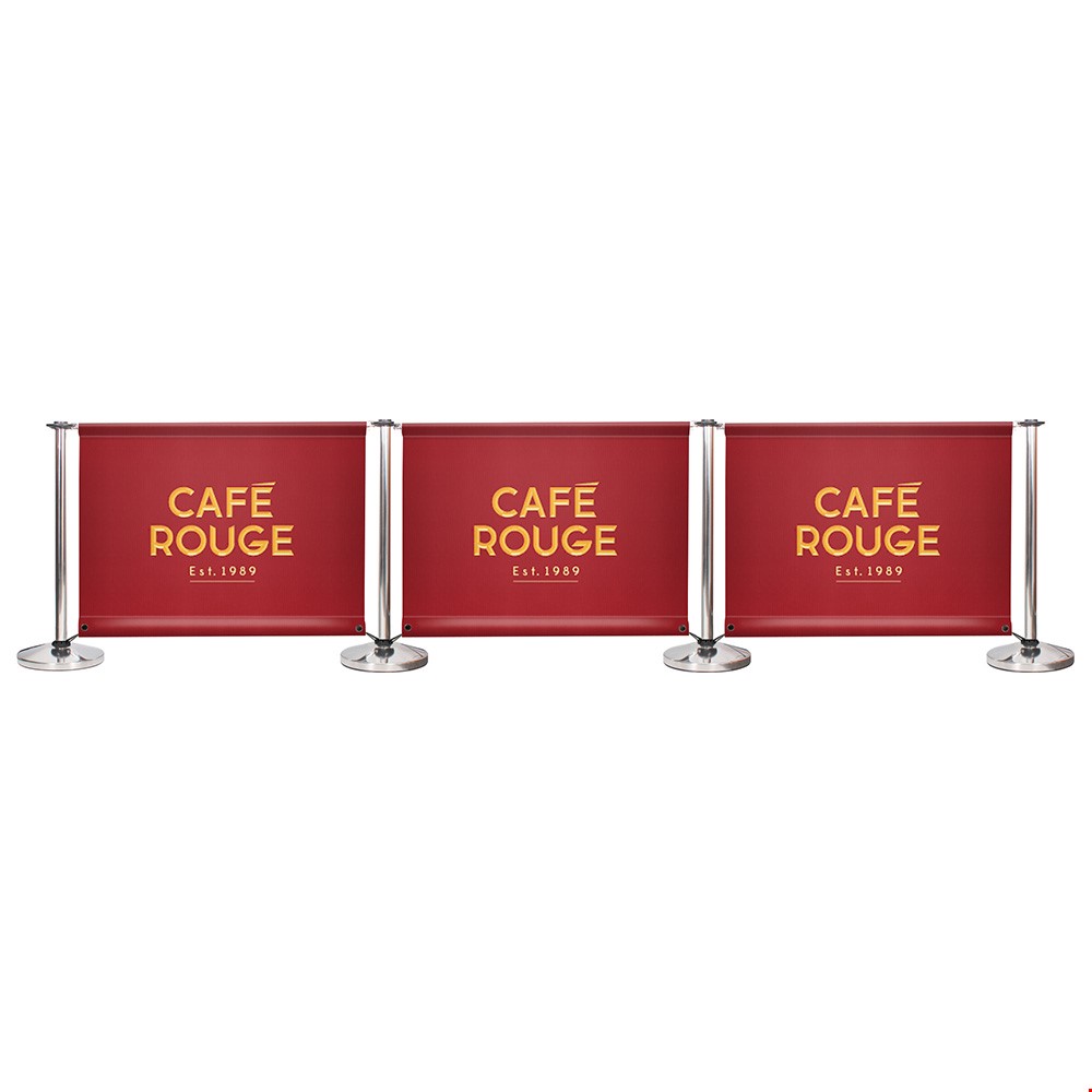 Adfresco® Café Barrier Kit With 3 Banners With Polished Stainless Steel Posts Bottom Bungee Ties