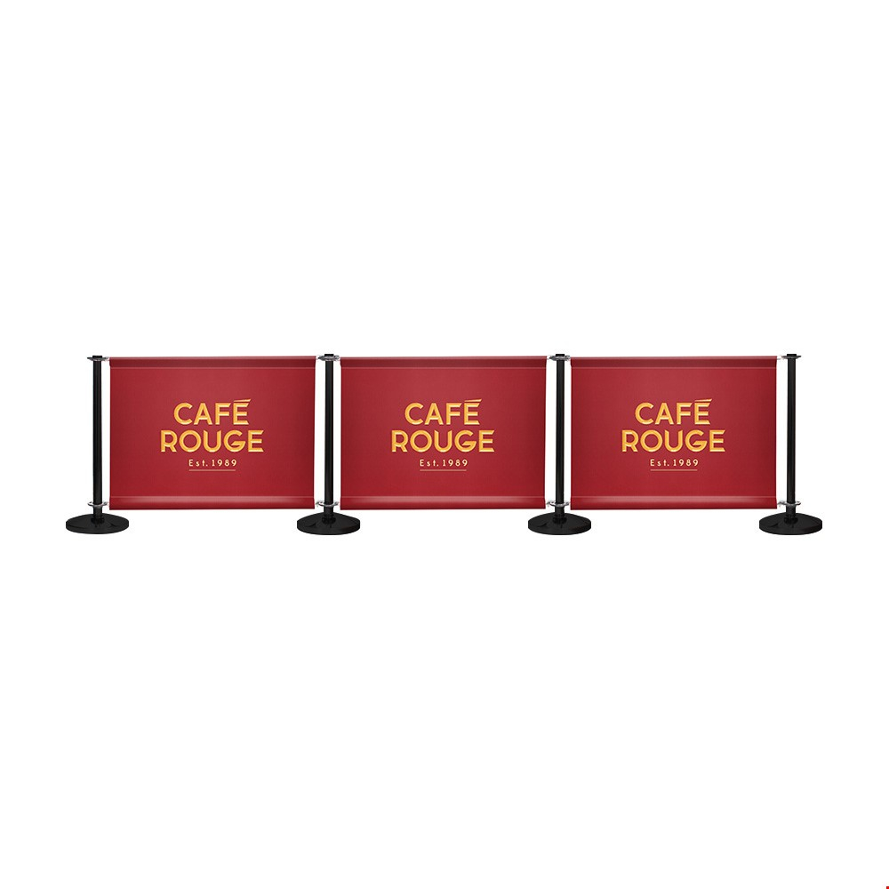 Adfresco® Café Barrier Kit With 3 Banners With Satin Black Steel Posts And Cross Rails Top And Bottom
