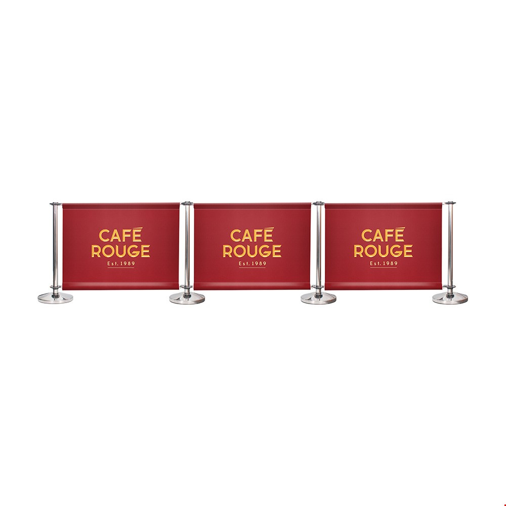 Adfresco® Café Barrier Kit With 3 Banners With Polished Stainless Steel Posts And Cross Rails Top And Bottom