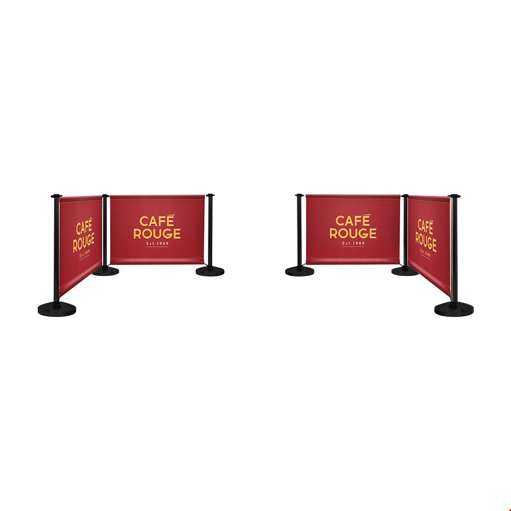 Adfresco® Café Barrier Kit With 4 Banners With Satin Black Steel Posts And Bottom Bungee Ties