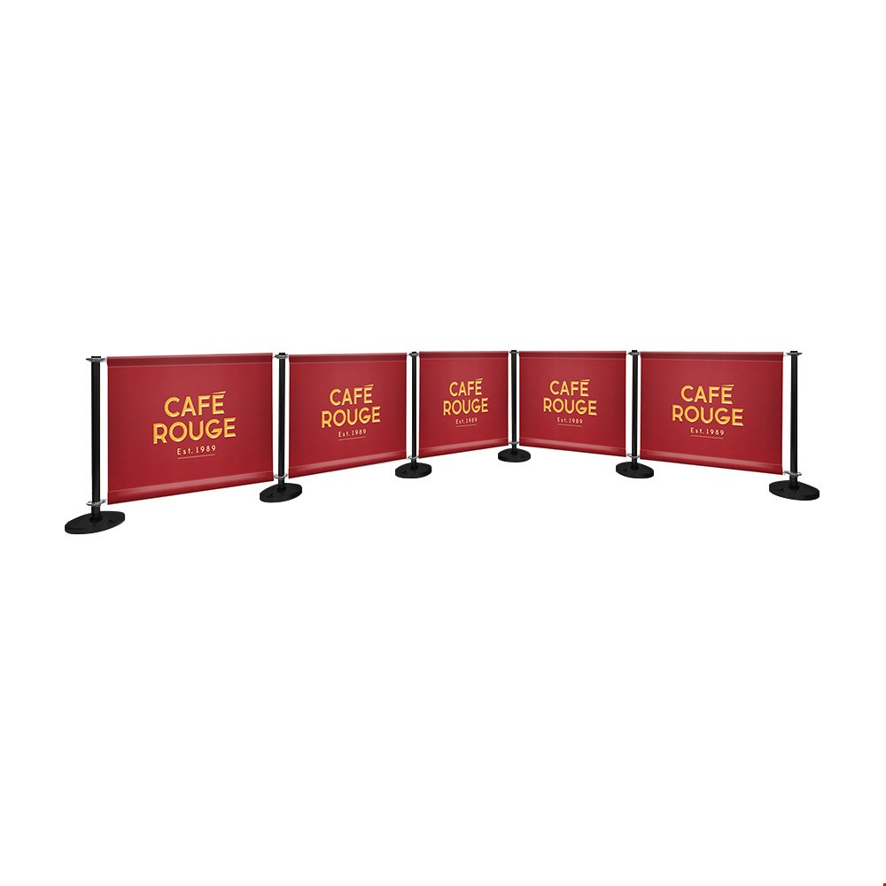 Adfresco® Café Barrier Kit With 5 Banners With Satin Black Steel Posts And Cross Rails Top And Bottom