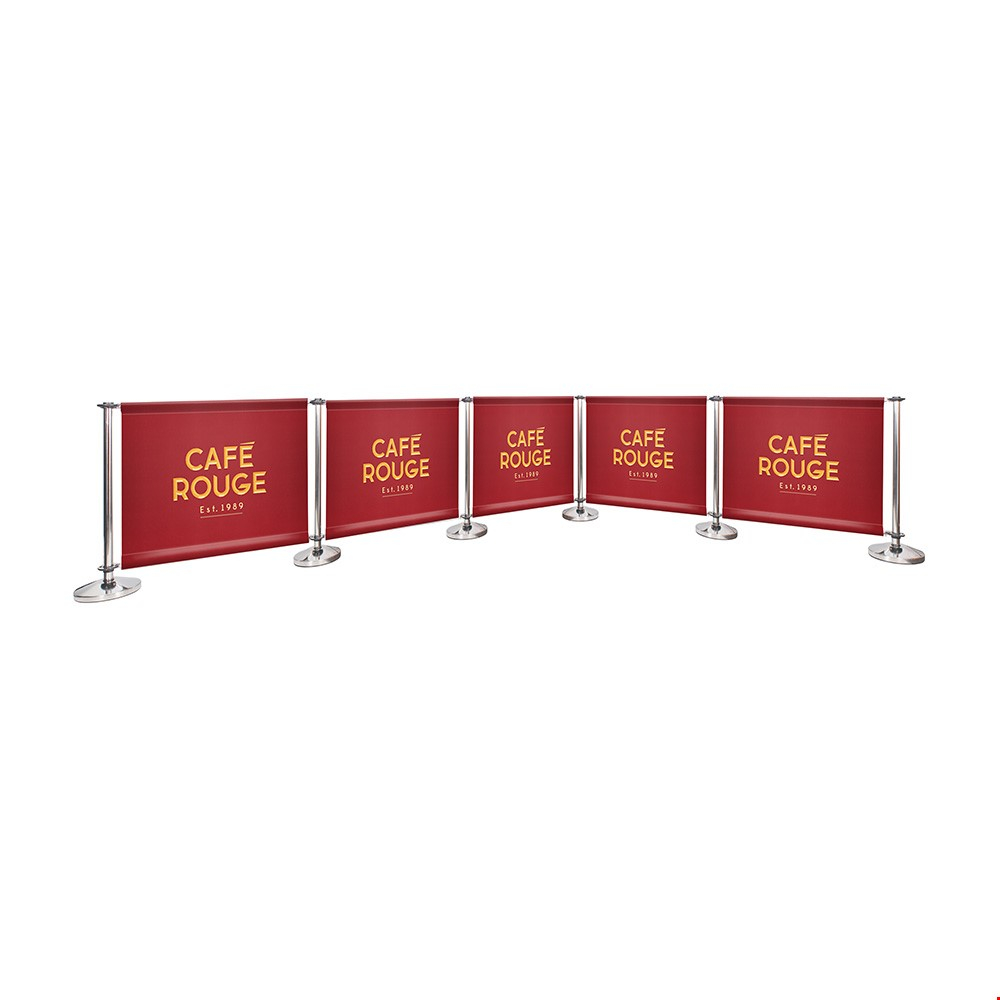 Adfresco® Café Barrier Kit With 5 Banners With Polished Stainless Steel Posts And Cross Rails Top And Bottom