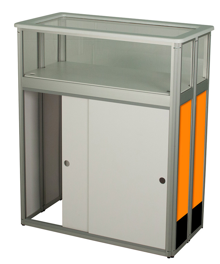 Aluminium Framed Gear Edge Display Counter with Sliding Doors and Graphic Panels