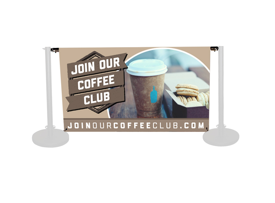 Standard café barrier printed café banner with 2 cross rails or top cross rail and spring fixings. Café banner printed with your branding for use outside.