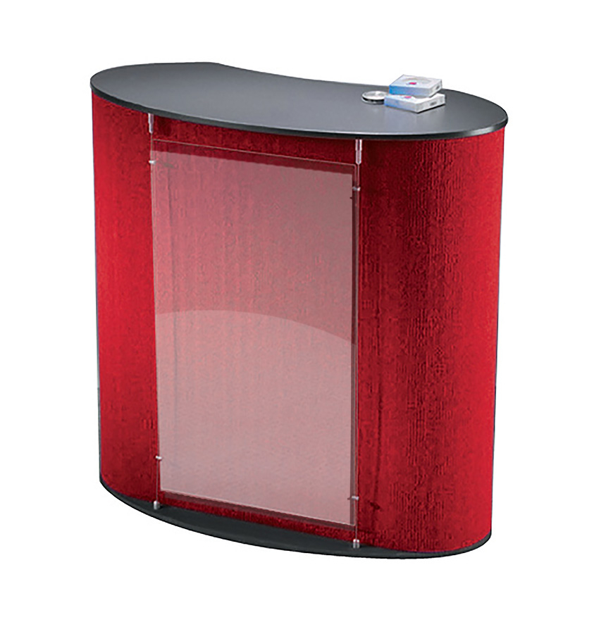 Cosmopolitan Counter With Red Fabric Wrap and Acrylic Fascia