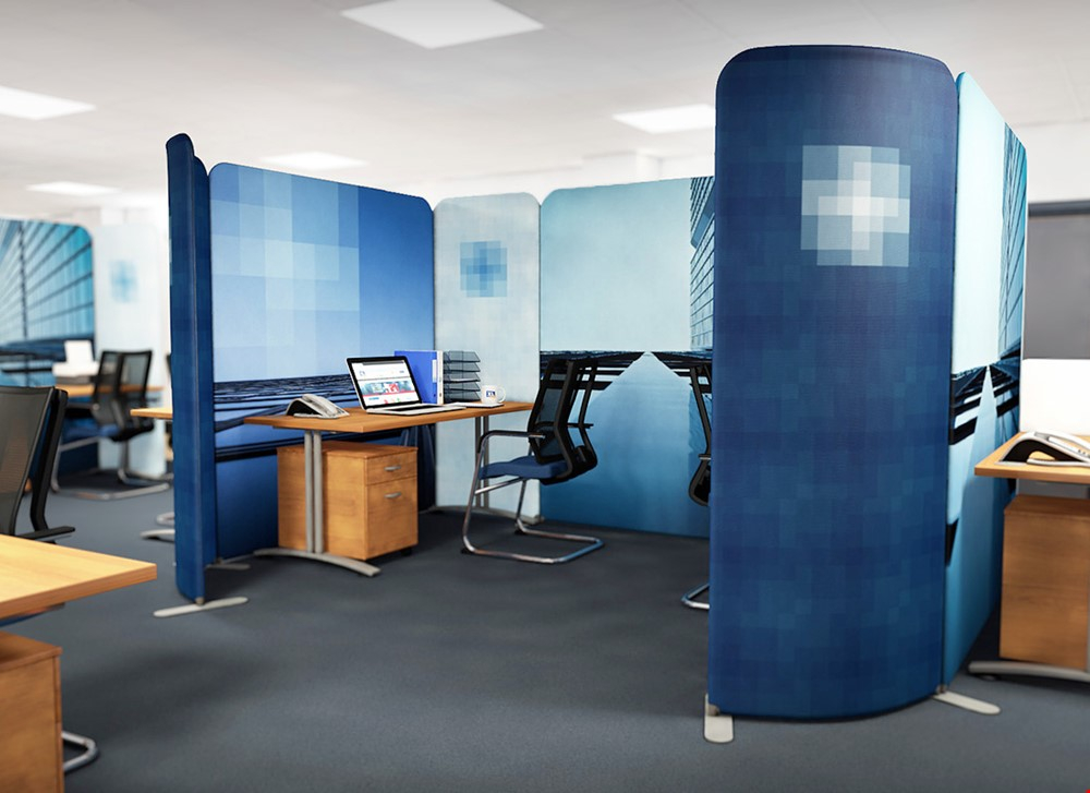 Curved Custom Office Partition - Washable, Hygienic Office Screen With Removeable, Machine Washable Fabric Graphics