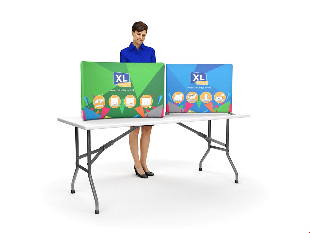 Desktop fabric display pop up. Lightweight & portable design. Freestanding tabletop high impact fabric banner with seamless stretch fabric graphics. Fast UK delivery. 