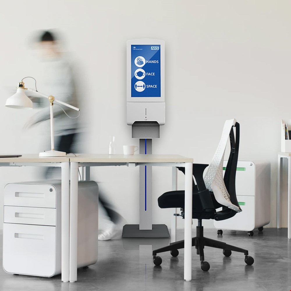 Free Standing Automatic Hand Sanitising Stands With Digital LCD Display Screen & Integrated Speakers In Office Space