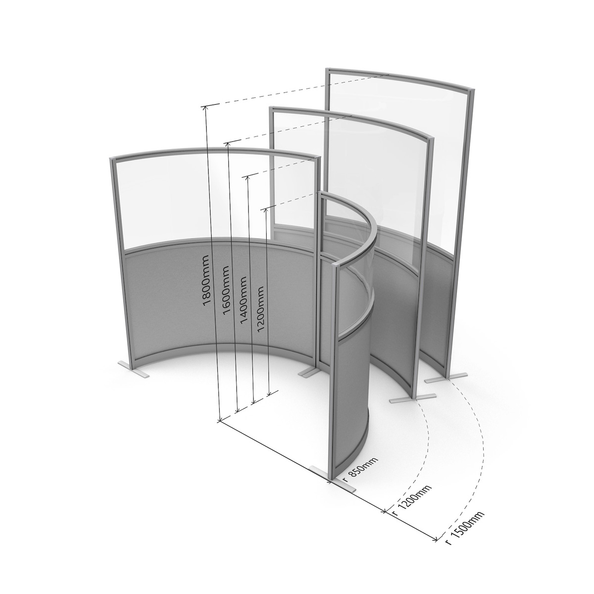 Dimensions of FRONTIER® Curved Glass Perspex® Screen Partitions