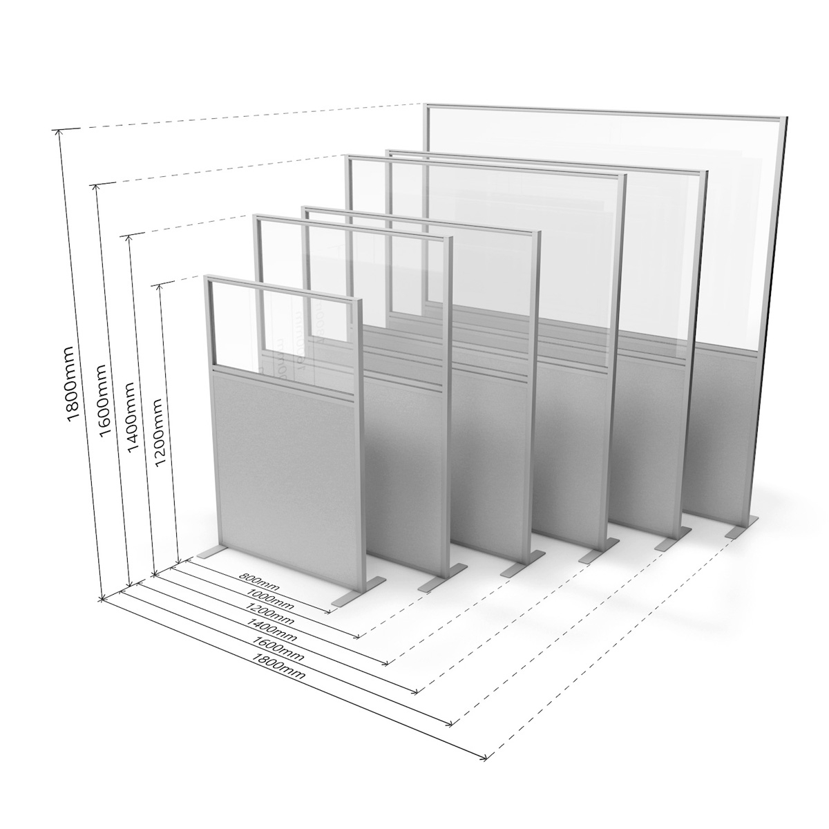 Dimensions of FRONTIER® Free Standing Part Glazed Office Partition Screens