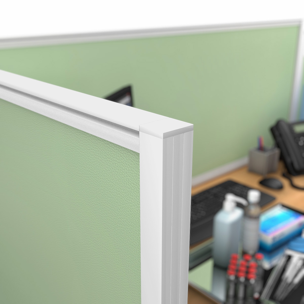 FRONTIER® Medical Anti Microbial Desk Screen Divider Close Up of Screen Corner 