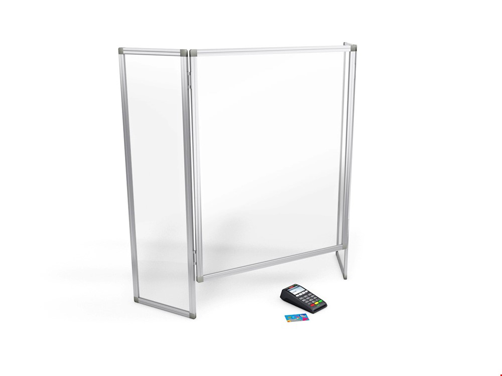 Folding Perspex Sneeze Guard With Cut Out For Reception Or Cashier Card Machines - Allows Safe And Controlled Customer Transactions To Continue