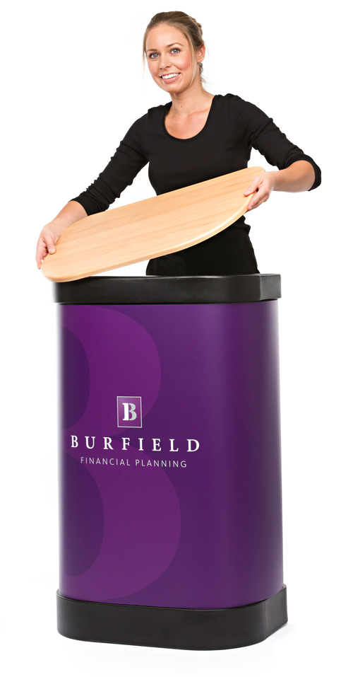 3x4 pop up stand includes graphic wrap and folding beech counter top