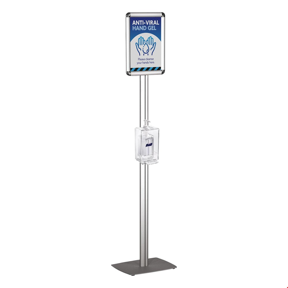 Free Standing Height Adjustable Sanitiser Dispenser With Lockable Enclosure & Poster Frame& Printed Poster (Design Shown) 