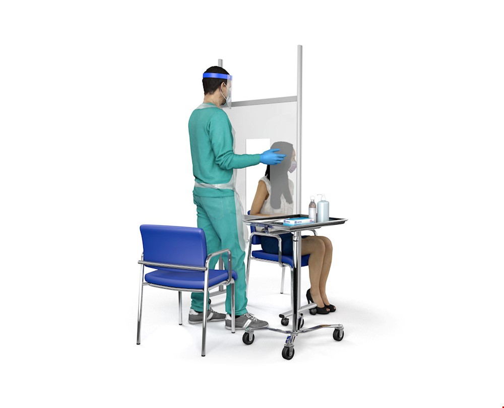 Free Standing Arm Vaccination Protective Screen With Lower Patient Sitting Down For Injection