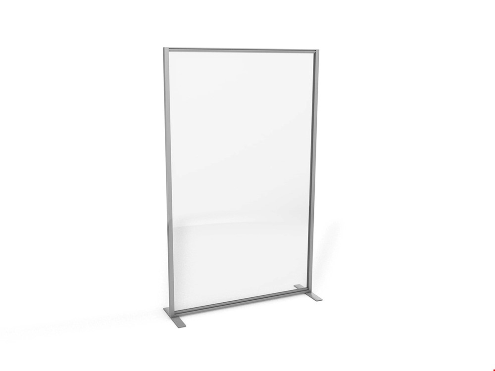 Silver Frame Free Standing Perspex Office Screen With Stabilising Feet For Open Plan Offices