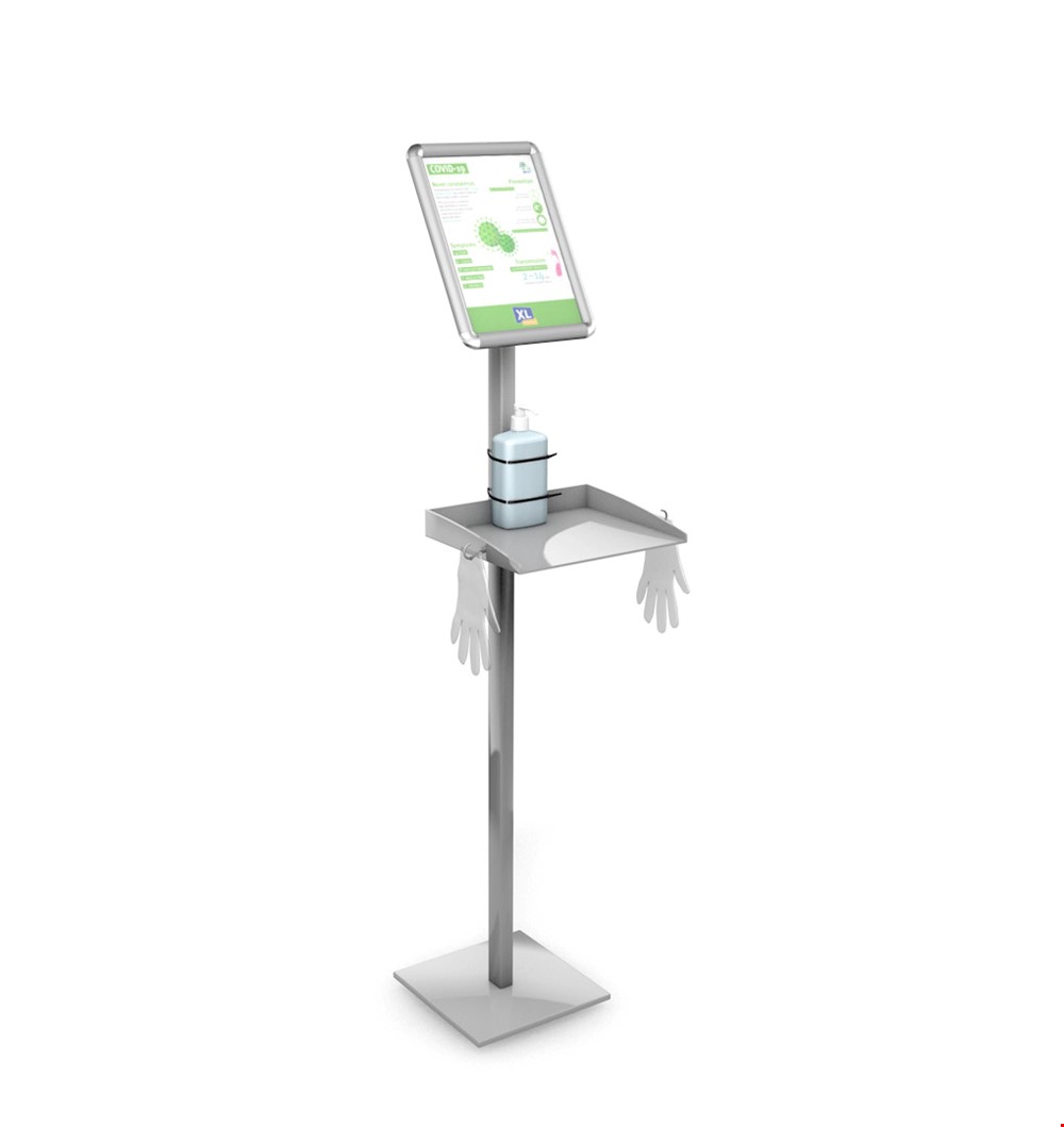 Freestanding Hand Sanitiser and Glove Dispenser for Anti Bacterial Hand Wash. Shelf and Hooks for Disposable Gloves. Includes Post Mounted A4 Poster Snap Frame.