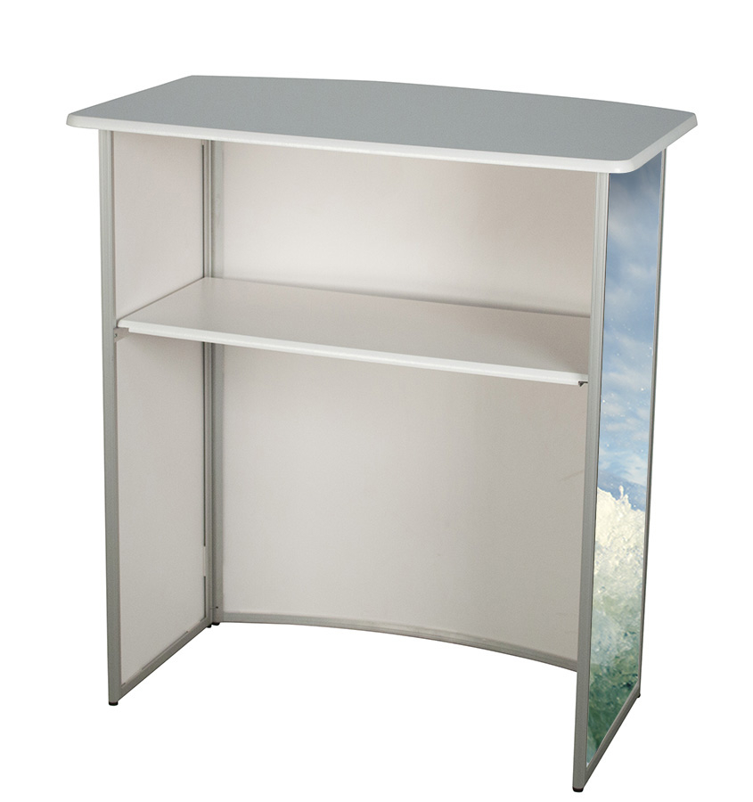 Gear Edge Portable Exhibition Curved Counter with Open Back and Internal Shelf