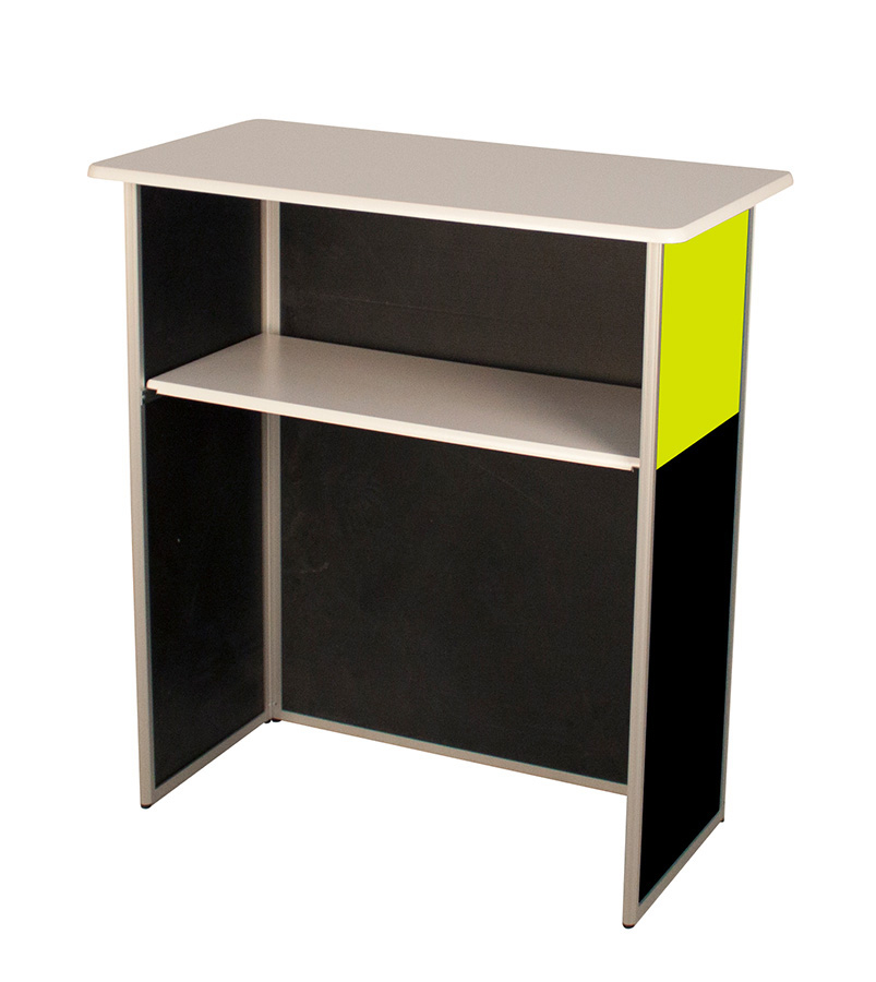 Gear Edge Straight Portable Exhibition Counter with Printed Graphics Open Back and Internal Shelf