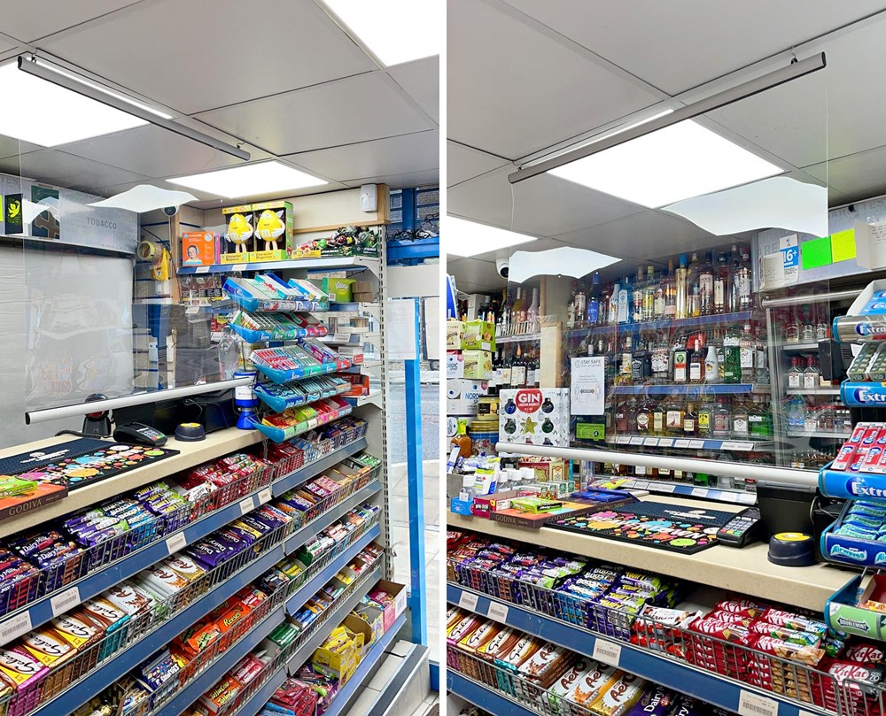 Hanging Sneeze Guard Screen for Shop Counters Protecting Staff and Customers While Allowing Safe Transactions