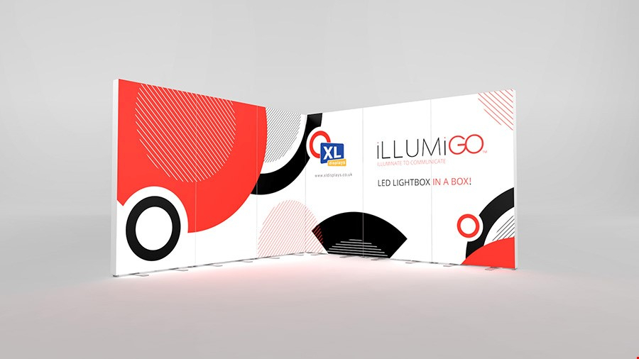 L-Shape 3x3m  iLLUMiGO™ Fabric Lightbox Display Stand With SEG Printed Graphics