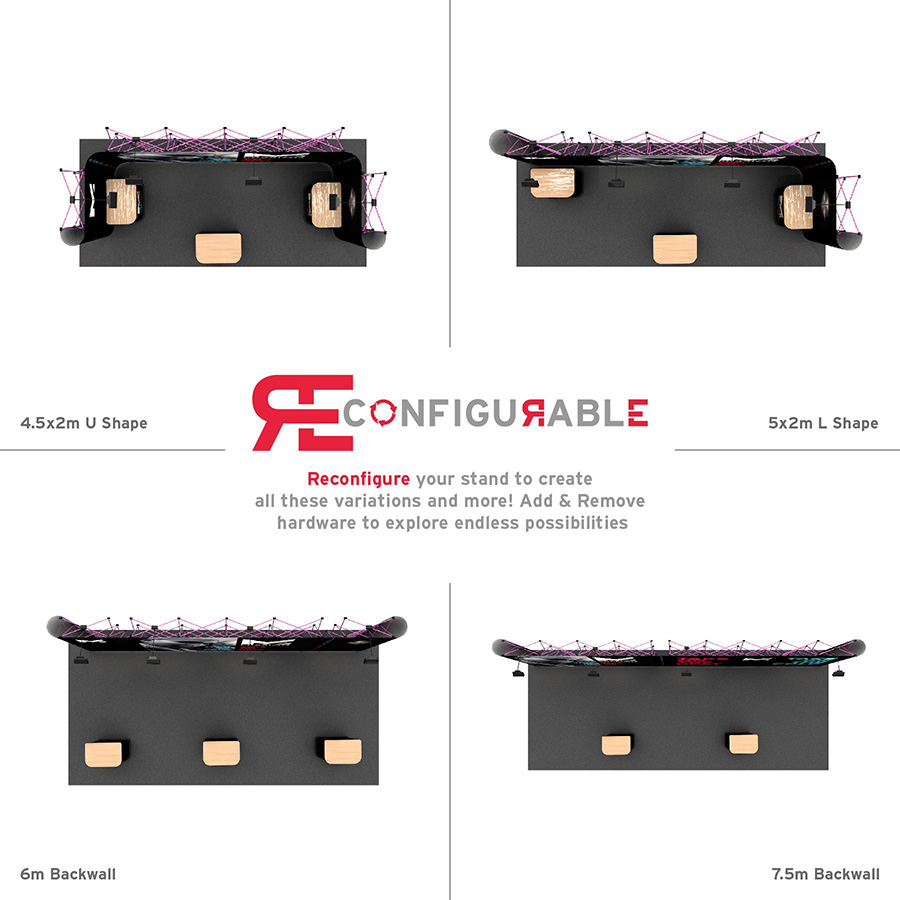 L-Shaped Pop Up Stands Can Be Reconfigured To Create Multiple Looks To Suit Different Stand Sizes and Shapes