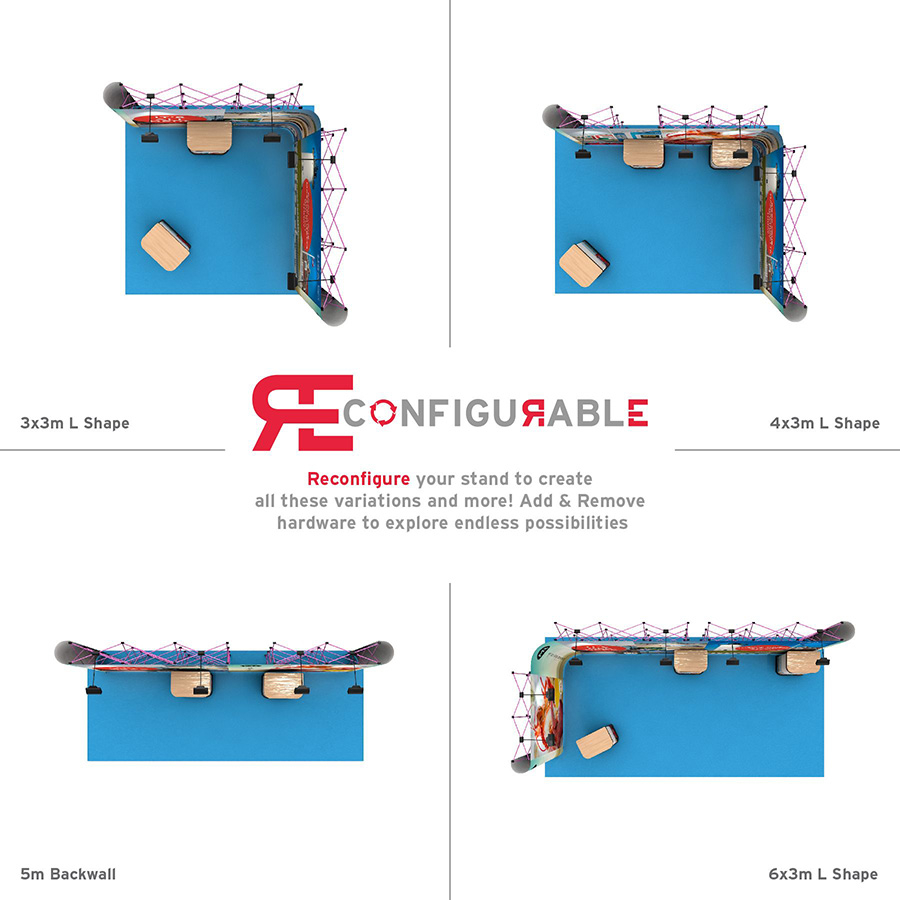 Create upto 4 Different Linked Pop Up Exhibition Stands Using The Same Hardware - Simply Reconfigure For a Different Look