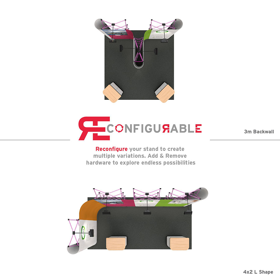 Reconfigure The L-Shaped Pop Up Stand To Create Different Sized Exhibition Stands - Add Additional Hardware To Create Even More Display Solutions