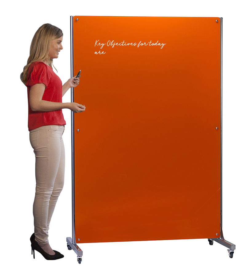 Orange Mobile Magnetic Glass Writing Board 1200mm x 1800mm