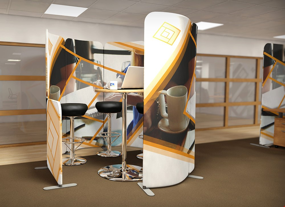 Custom Printed Office Meeting Pod Includes 6 Curved Office Screens And One Low-Level Dividing Panel