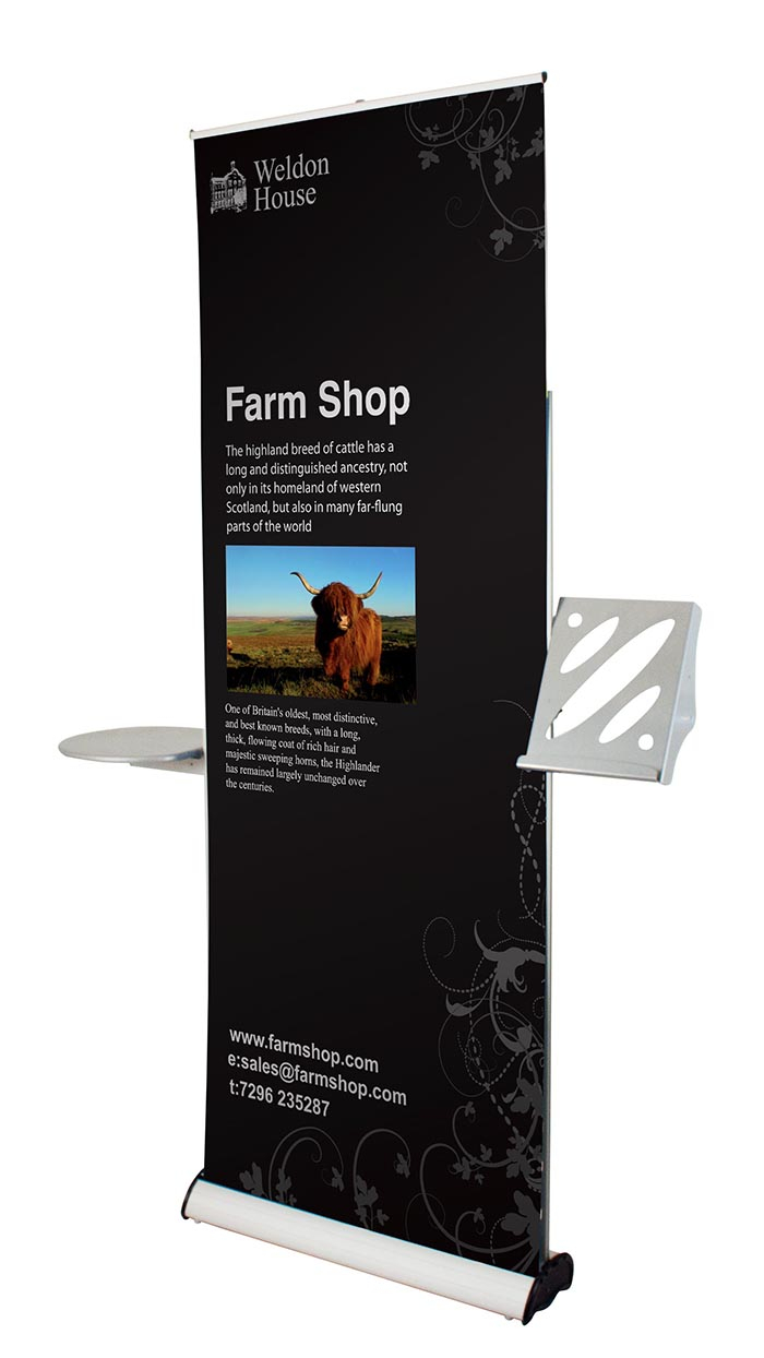 Shelf Accessory Shown on Pull Up Banner Stand with Graphic