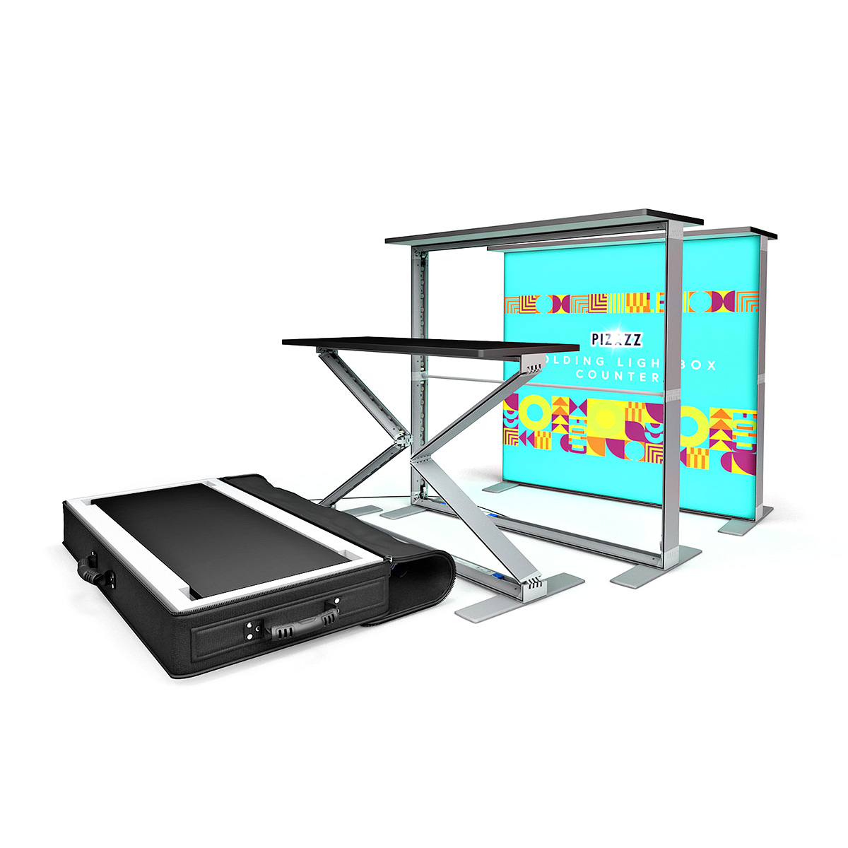 PIZAZZ® Folding Pop Up Backlit Exhibition Stand Lightbox Stages Of Assembly 