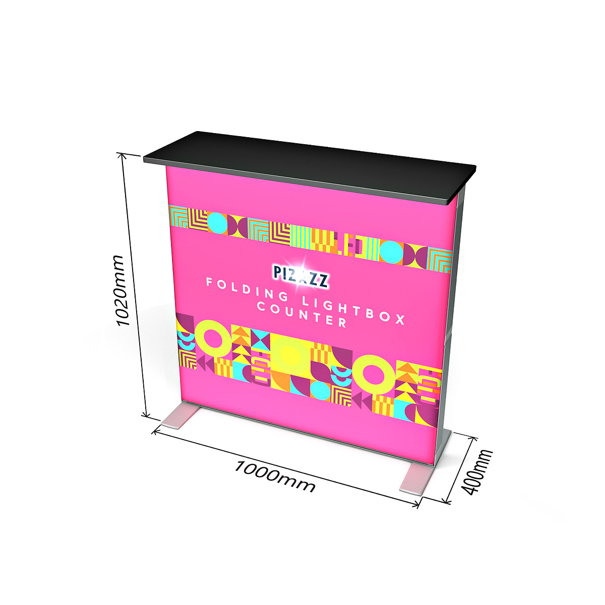PIZAZZ® Folding Pop Up LED Backlit Counter Exhibition Lightbox Size Dimensions