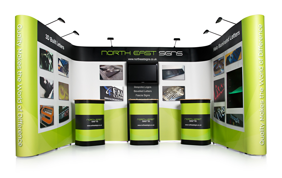 LCD monitor in situ on linked pop up stands