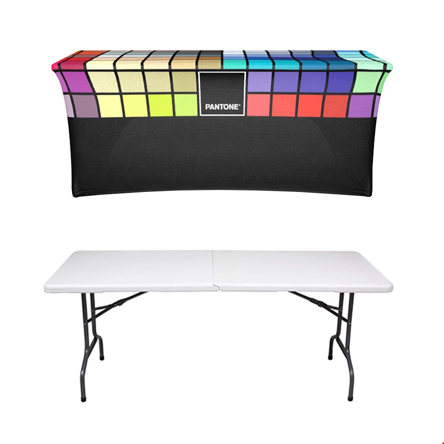 Printed Stretch Tablecloths & Folding 6ft Exhibition Table Bundle. Stretchy, Spandex Table Covers Printed With Your Branding. Ideal Exhibition Starter Kit. 