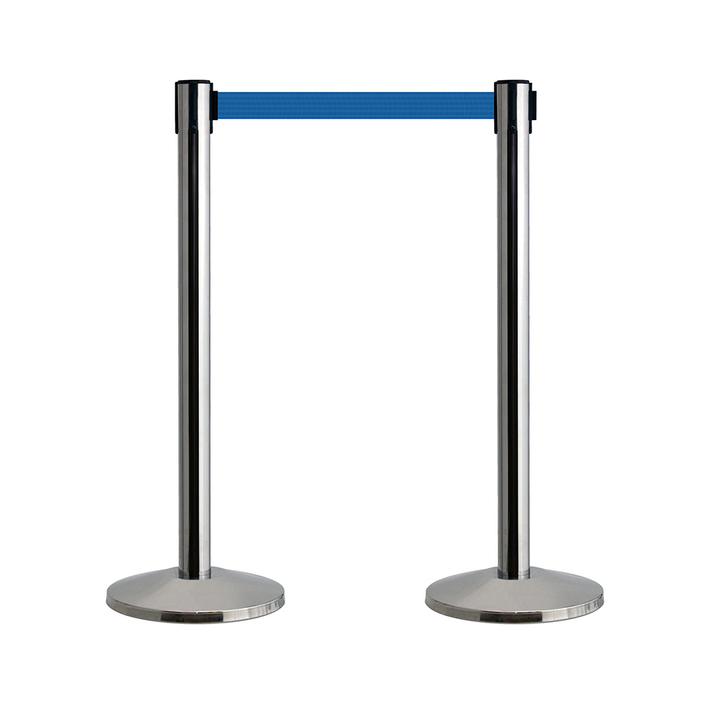 Queue Way Retractable Belt Barriers. Supplied in Pairs. Black or Chrome Stanchions  With 2.3m Retracting Tape & Belt Braking System. Rubber Floor Protectors on Base.